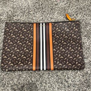 🤎Burberry Brown Monogram Stripe Pouch with Orange and White Accents